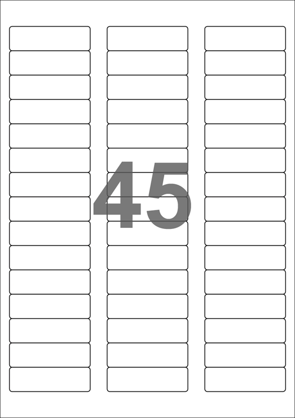 A4-etiketter, 45 stansade etiketter/ark, 58,0 x 17,8 mm, vit blank/glossy, 100 ark